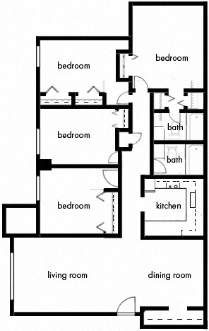 Spacious 4-bedroom apartment floor plan at Edgewood Commons 601 in Washington, DC, featuring generous layouts, ample closet space, and energy-efficient design; ideal for families or roommates seeking a modern market-rate rental near Rhode Island and Brookland Metro stations.